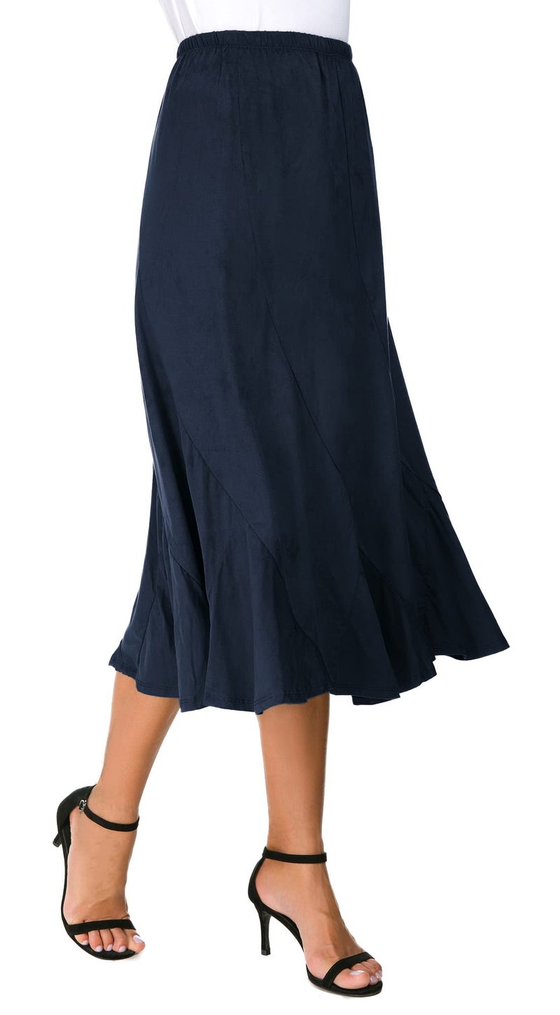 EXCHIC Women's Elegant Ankle Length Ruffle Hem Elastic Waist Suede Midi Skirt (L, Indigo Blue) - Image 2